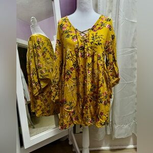 Source Unknown Floral Lace-Up Tunic in Mustard Yellow